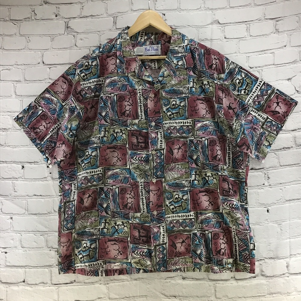 Kai Nani Vintage Hawaiian Shirt Mens Sz 2XL Cave Drawings Print